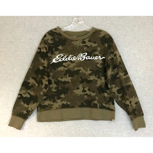 Eddie Bauer Camo Sweater Womens Small Pullover Green Spell Out Logo Casual - Picture 1 of 6